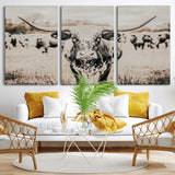 27497342-MGV-CV-36X24-Texas Longhorn Wall Art Canvas Print, Framed Speckled Cow Art Picture Print, Horned Cattle Perfect Rustic Western Decor Artwork
