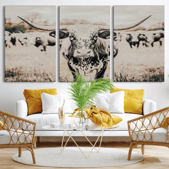 27497342-MGV-CV-36X24-Texas Longhorn Wall Art Canvas Print, Framed Speckled Cow Art Picture Print, Horned Cattle Perfect Rustic Western Decor Artwork