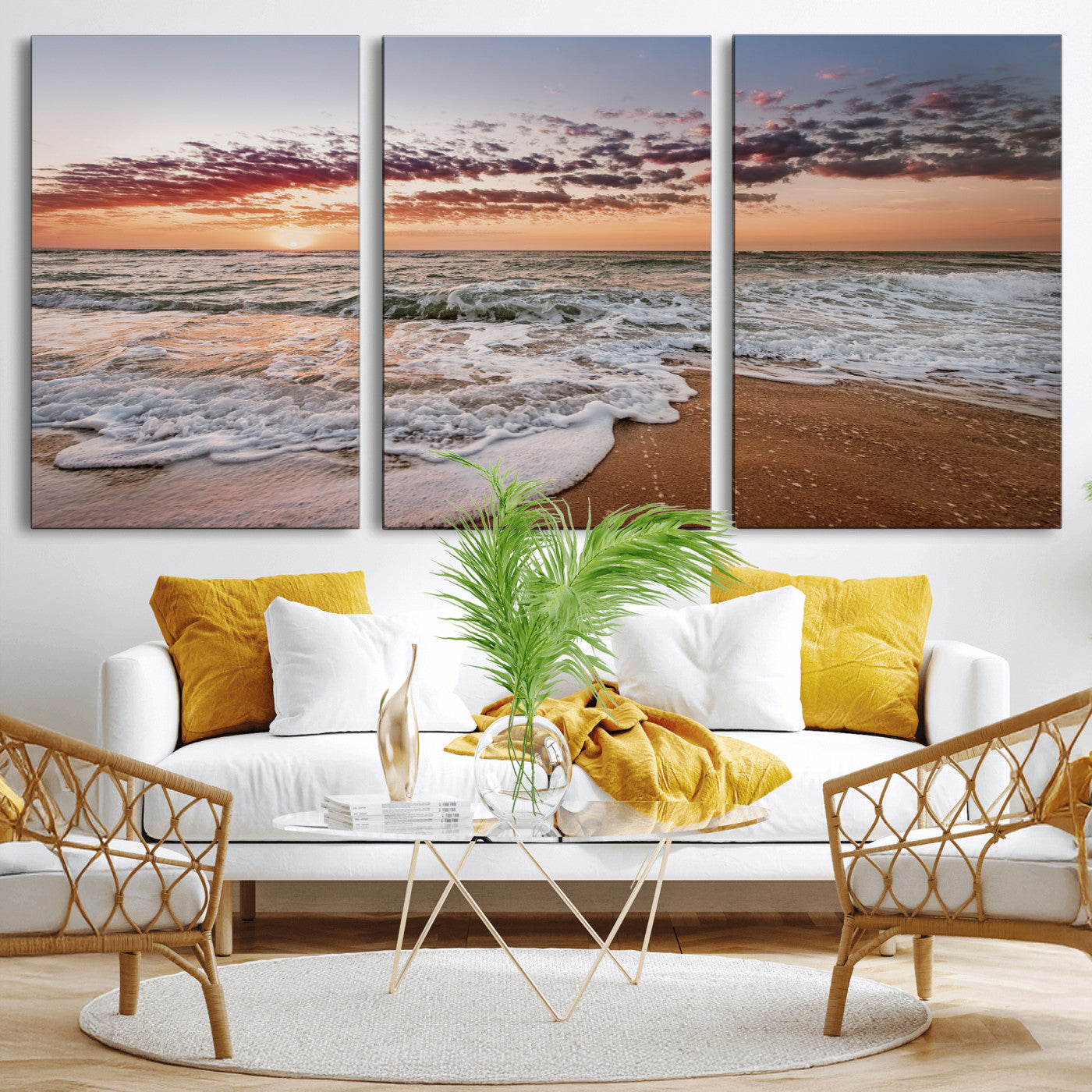 39846389-MGV-CV-36X24-Ocean Sunset Wall Art Canvas Print, Framed Sandy Shore Art Picture Print, Gentle Waves Perfect Minimalist Coastal Decor Artwork