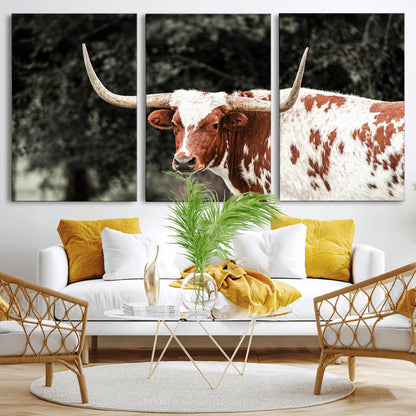 54027638-MGV-CV-36X24-Texas Longhorn Wall Art Canvas Print, Framed Spotted Cow Art Picture Print, Horned Bull Perfect Rustic Western Decor Artwork