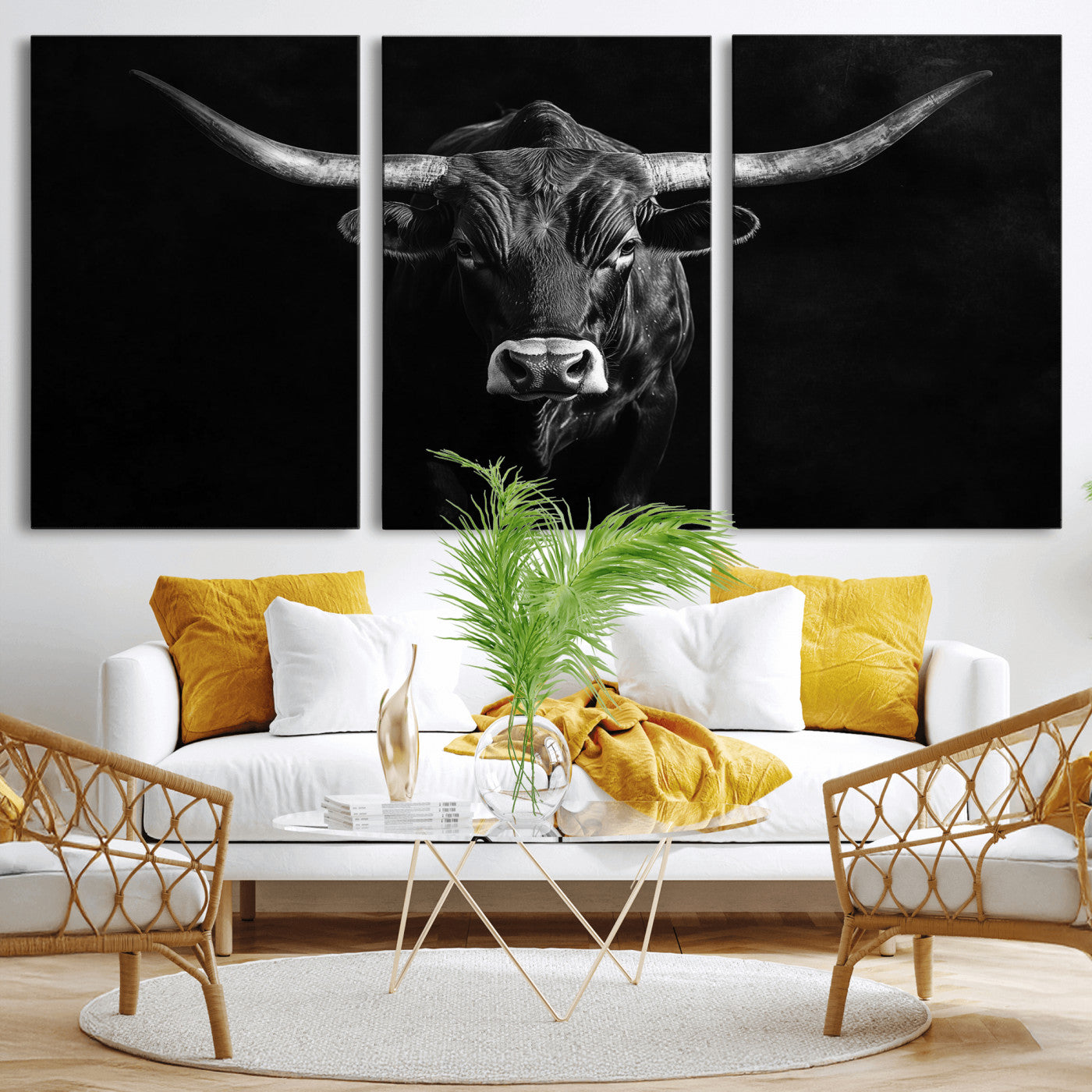 42077175-MGV-CV-36X24-Texas Longhorn Wall Art Canvas Print, Framed Monochrome Bull Art Picture Print, Horned Bull Perfect Rustic Western Decor Artwork