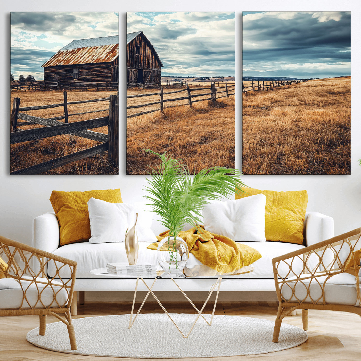 69356982-MGV-CV-36X24-Old Barn Wall Art Canvas Print, Framed Rustic Fence Art Picture Print, Wooden Farmhouse Perfect Rustic Farmhouse Decor Artwork