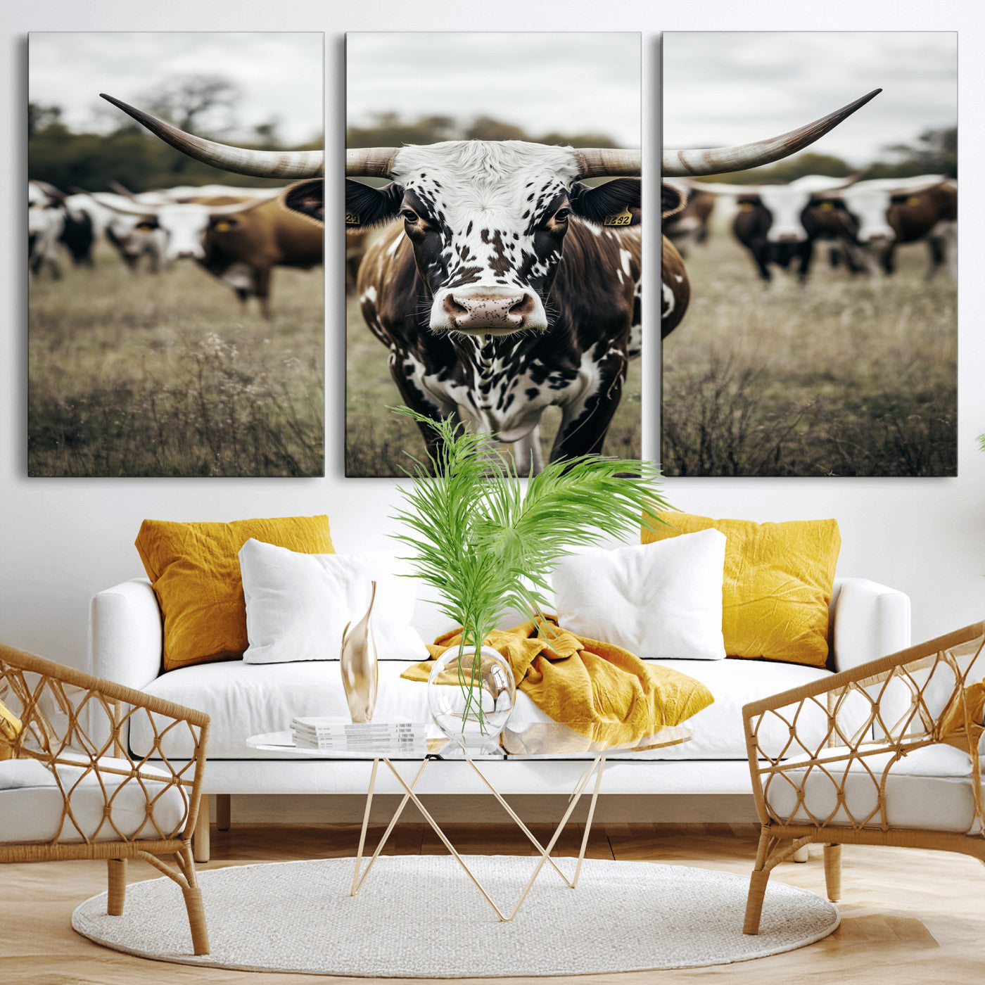 79025945-MGV-CV-36X24-Texas Longhorn Wall Art Canvas Print, Framed Speckled Cow Art Picture Print, Horned Cattle Perfect Rustic Western Decor Artwork