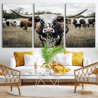 79025945-MGV-CV-36X24-Texas Longhorn Wall Art Canvas Print, Framed Speckled Cow Art Picture Print, Horned Cattle Perfect Rustic Western Decor Artwork