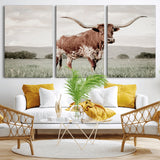 28309012-MGV-CV-36X24-Texas Longhorn Wall Art Canvas Print, Framed Spotted Cattle Art Picture Print, Horned Bull Perfect Rustic Western Decor Artwork
