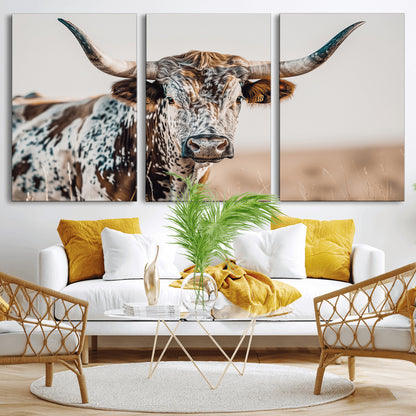 70414966-MGV-CV-36X24-Texas Longhorn Wall Art Canvas Print, Framed Speckled Cow Art Picture Print, Horned Bull Perfect Rustic Western Decor Artwork
