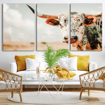 72766375-MGV-CV-36X24-Texas Longhorn Wall Art Canvas Print, Framed Spotted Cow Art Picture Print, Horned Cattle Perfect Rustic Western Decor Artwork