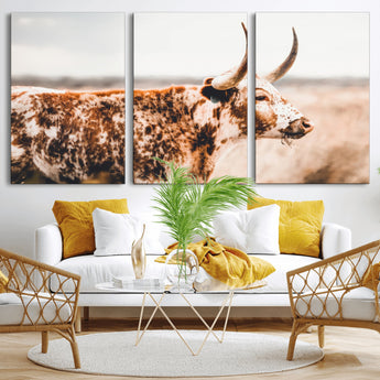 11528295-MGV-CV-36X24-Speckled Longhorn Wall Art Canvas Print, Framed Texas Cattle Art Picture Print, Horned Cow Perfect Rustic Western Decor Artwork