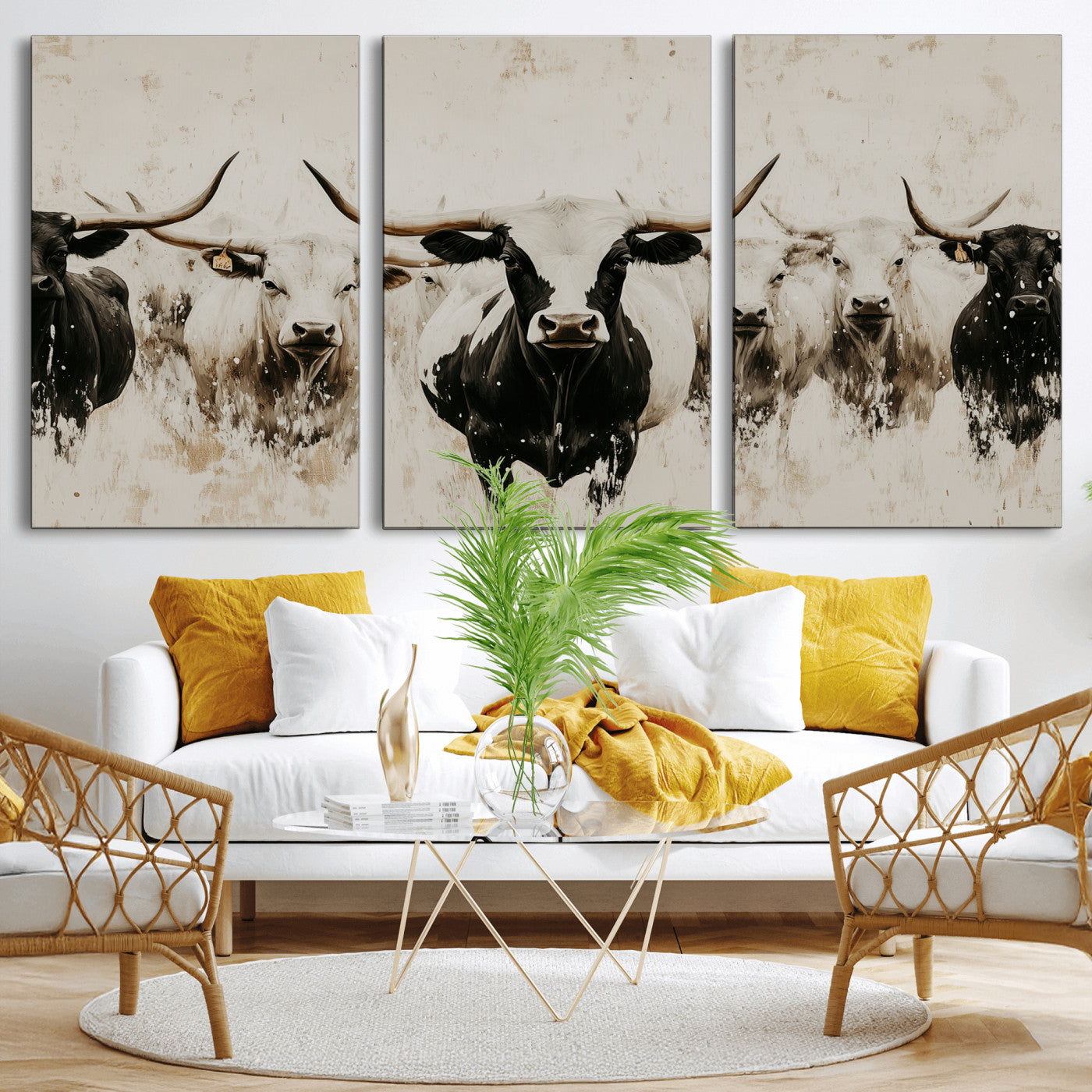 12027562-MGV-CV-36X24-Longhorn Cattle Wall Art Canvas Print, Framed Bison Herd Art Picture Print, Cattle Group Perfect Rustic Farmhouse Decor Artwork