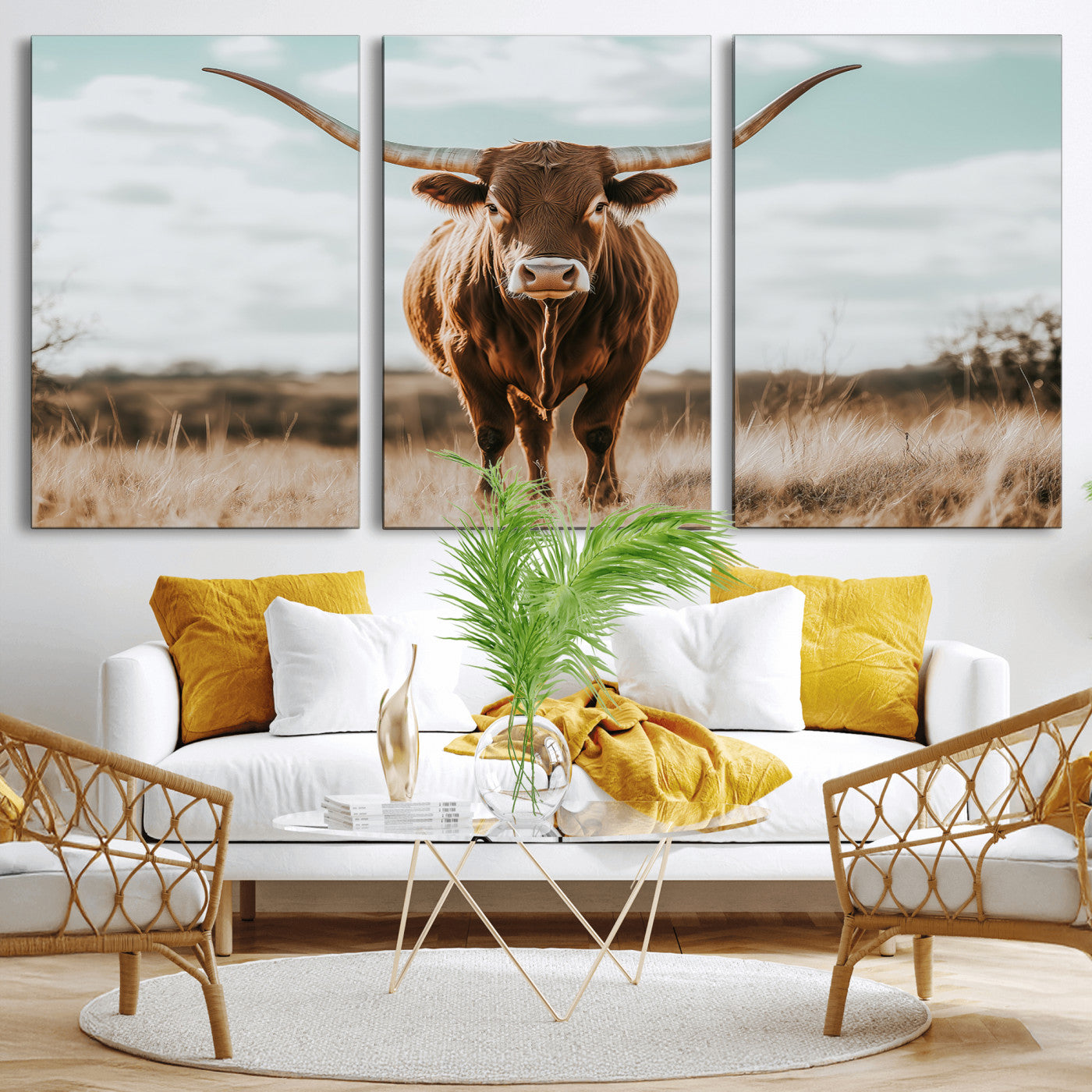 39350715-MGV-CV-36X24-Texas Longhorn Wall Art Canvas Print, Framed Longhorn Cow Art Picture Print, Western Cattle Perfect Rustic Western Decor Artwork