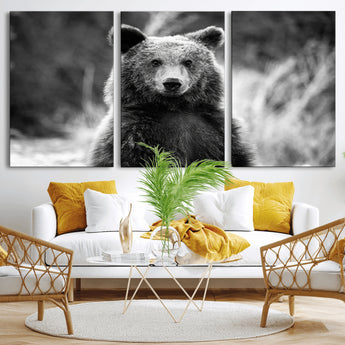 MGV-CV-60X30-3P - Grizzly Bear Wall Art Canvas Print, Framed Black White Bear Art Picture Print, Wild Bear Perfect Rustic Wildlife Decor Artwork