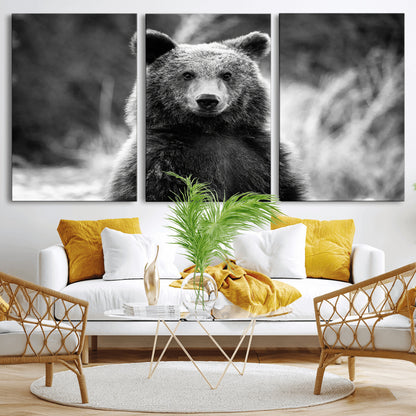 MGV-CV-60X30-3P - Grizzly Bear Wall Art Canvas Print, Framed Black White Bear Art Picture Print, Wild Bear Perfect Rustic Wildlife Decor Artwork