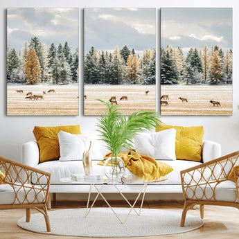 64188182-MGV-CV-36X24-Elk Herd Wall Art Canvas Print, Framed Snowy Forest Art Picture Print, Forest Elks Perfect Neutral Rustic Decor Artwork