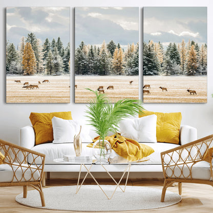 64188182-MGV-CV-36X24-Elk Herd Wall Art Canvas Print, Framed Snowy Forest Art Picture Print, Forest Elks Perfect Neutral Rustic Decor Artwork