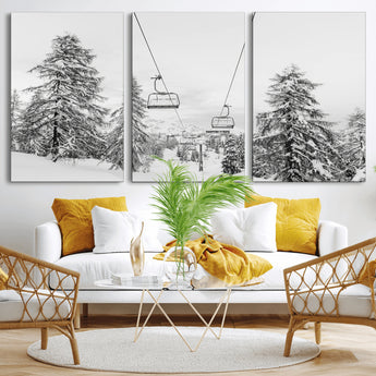 55003599-MGV-CV-36X24-Snowy Ski Lift Wall Art Canvas Print, Framed Winter Forest Art Picture Print, Ski lift Ride Perfect Winter Lodge Decor Artwork