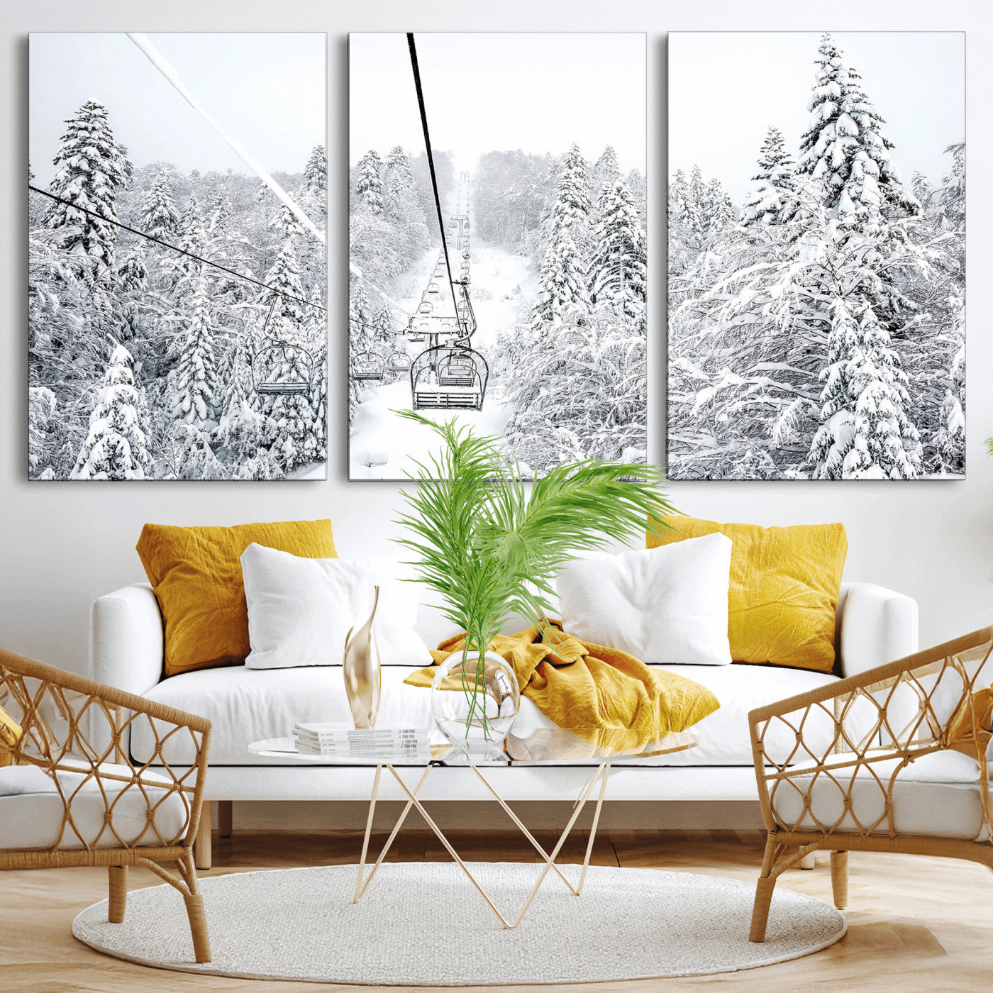 60296839-MGV-CV-36X24-Snowy Mountains Wall Art Canvas Print, Framed Ski Lift Art Picture Print, Winter Forest Perfect Winter Minimalist Decor Artwork