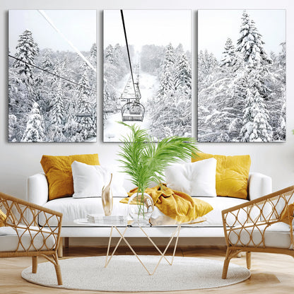 60296839-MGV-CV-36X24-Snowy Mountains Wall Art Canvas Print, Framed Ski Lift Art Picture Print, Winter Forest Perfect Winter Minimalist Decor Artwork