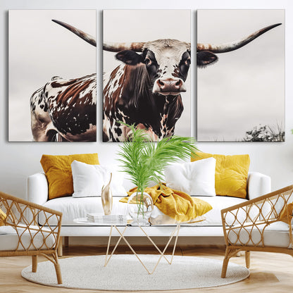 95249234-MGV-CV-36X24-Texas Longhorn Wall Art Canvas Print, Framed Spotted Bull Art Picture Print, Horned Cattle Perfect Rustic Farmhouse Decor Artwork