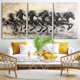 56089591-MGV-CV-36X24-Galloping Horses Wall Art Canvas Print, Framed Wild Stallions Art Picture Print, Horse Herd Sketch Perfect Monochrome Dynamic