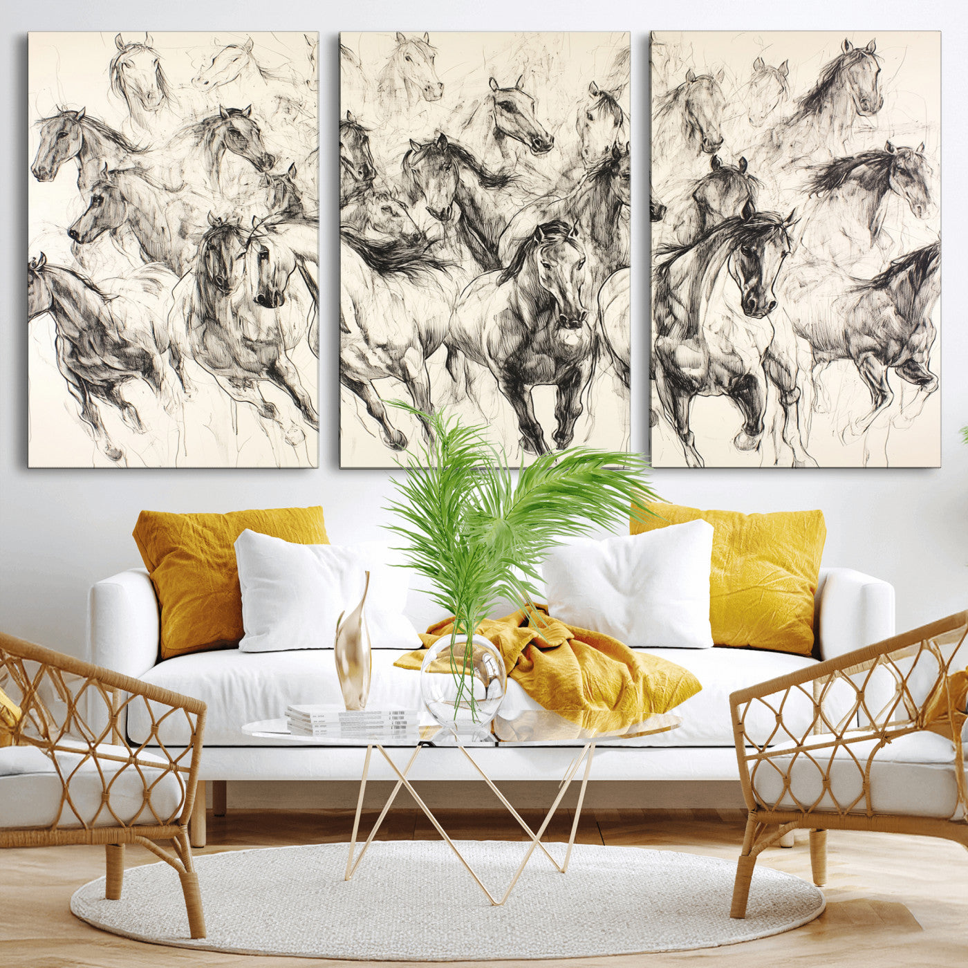 19433417-MGV-CV-36X24-Running Horses Wall Art Canvas Print, Framed Horse Sketch Art Picture Print, Galloping Herd Perfect Monochrome Western Decor