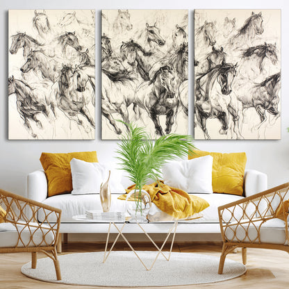 19433417-MGV-CV-36X24-Running Horses Wall Art Canvas Print, Framed Horse Sketch Art Picture Print, Galloping Herd Perfect Monochrome Western Decor