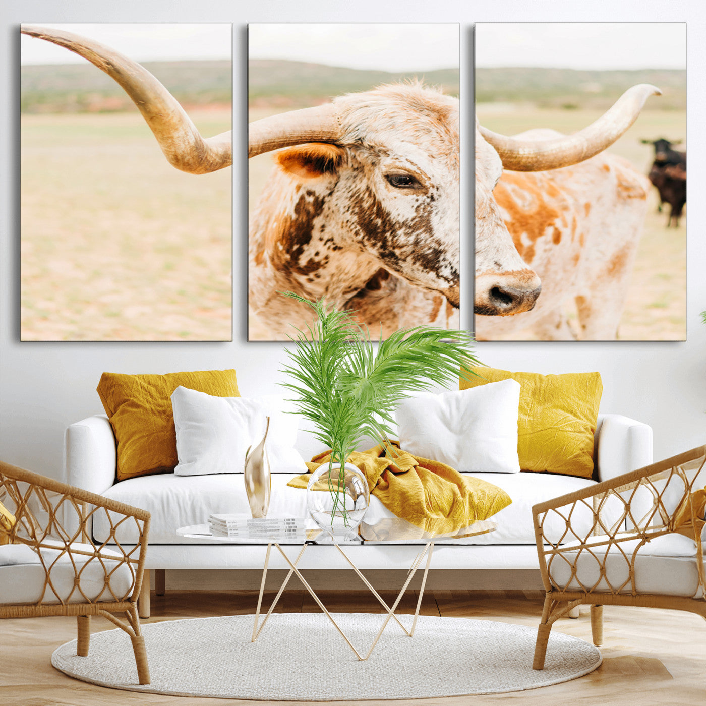21060648-MGV-CV-36X24-Texas Longhorn Wall Art Canvas Print, Framed Speckled Cow Art Picture Print, Rustic Bull Perfect Rustic Western Decor Artwork