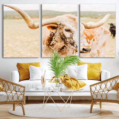 21060648-MGV-CV-36X24-Texas Longhorn Wall Art Canvas Print, Framed Speckled Cow Art Picture Print, Rustic Bull Perfect Rustic Western Decor Artwork