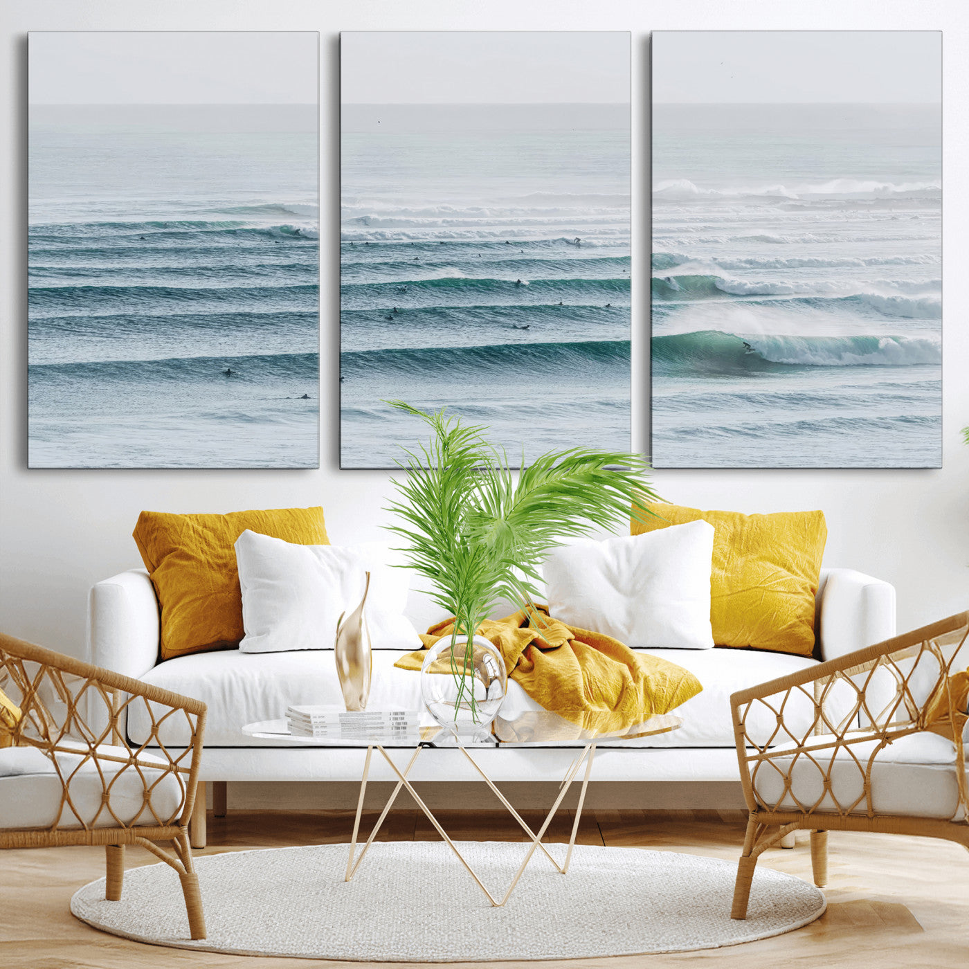 73969318-MGV-CV-36X24-Ocean Waves Wall Art Canvas Print, Framed Surfer Lineup Art Picture Print, Crowded Ocean Perfect Minimal Coastal Decor Artwork