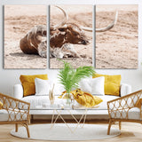 25407592-MGV-CV-36X24-Texas Longhorn Wall Art Canvas Print, Framed Resting Bull Art Picture Print, Spotted Cattle Perfect Rustic Western Decor Artwork