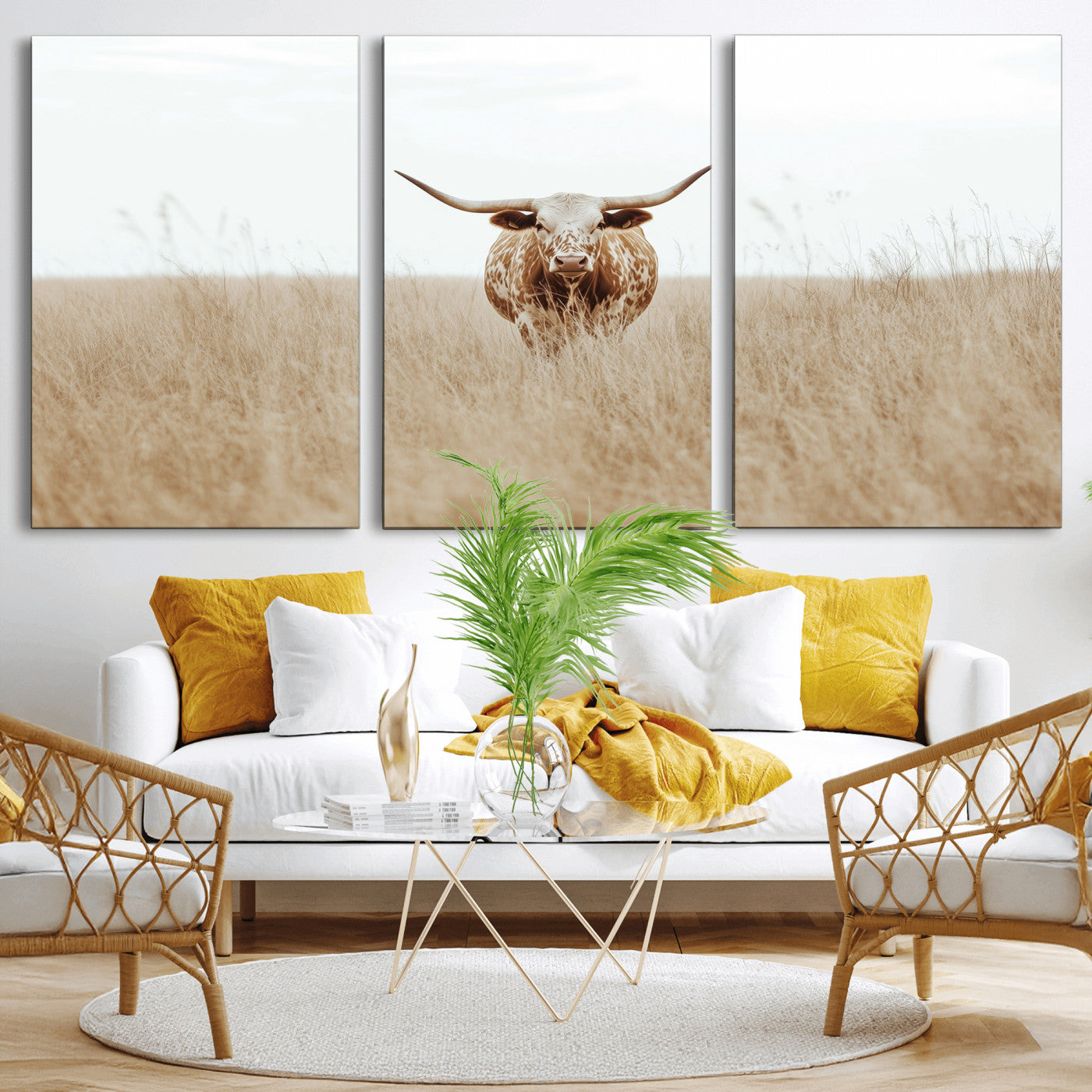 20927060-MGV-CV-36X24-Texas Longhorn Wall Art Canvas Print, Framed Lone Cattle Art Picture Print, Longhorn Bull Perfect Rustic Western Decor Artwork