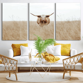 20927060-MGV-CV-36X24-Texas Longhorn Wall Art Canvas Print, Framed Lone Cattle Art Picture Print, Longhorn Bull Perfect Rustic Western Decor Artwork