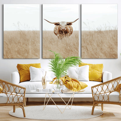 20927060-MGV-CV-36X24-Texas Longhorn Wall Art Canvas Print, Framed Lone Cattle Art Picture Print, Longhorn Bull Perfect Rustic Western Decor Artwork