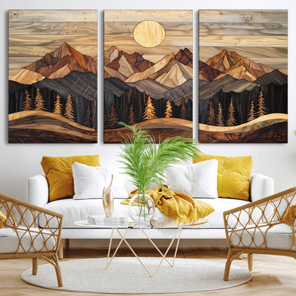 50100230-MGV-CV-36X24-Wooden Mountain Wall Art – Rustic Nature Landscape Canvas Print, Handmade Style Sun, Forest, and Peaks Artwork for Living Room,