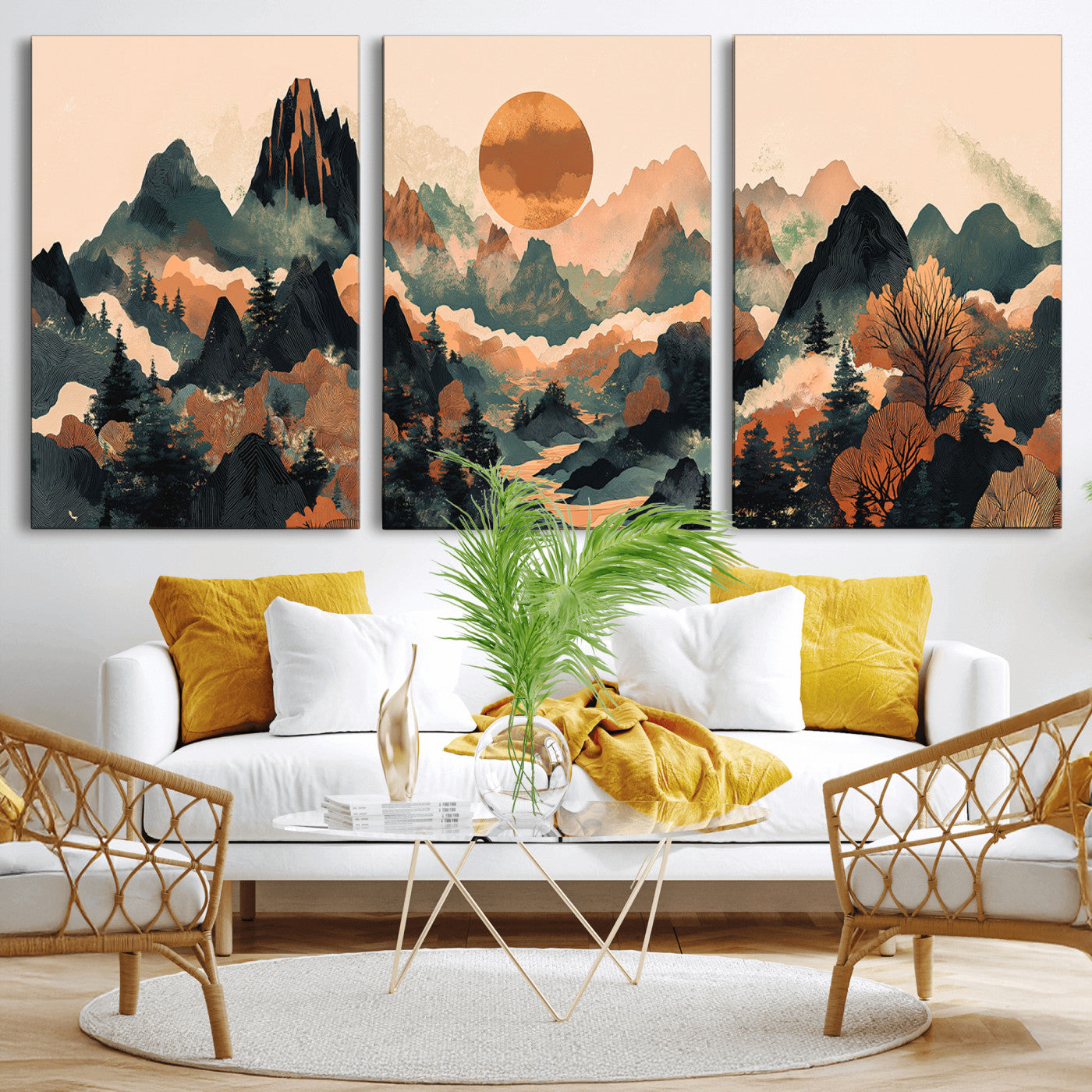 13012770-MGV-CV-36X24-Mountain Landscape Wall Art – Modern Nature Canvas Print with Sun, Misty Peaks, and Forest in Orange and Green Tones for Living