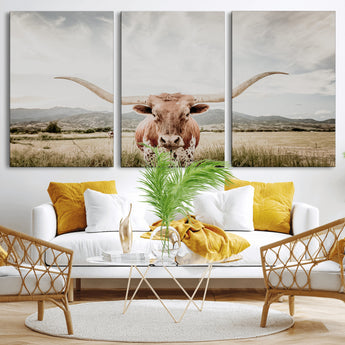 80054319-MGV-CV-36X24-Texas Longhorn Wall Art Canvas Print, Framed Western Cow Art Picture Print, Rustic Farmhouse Perfect Farmhouse Decor Artwork