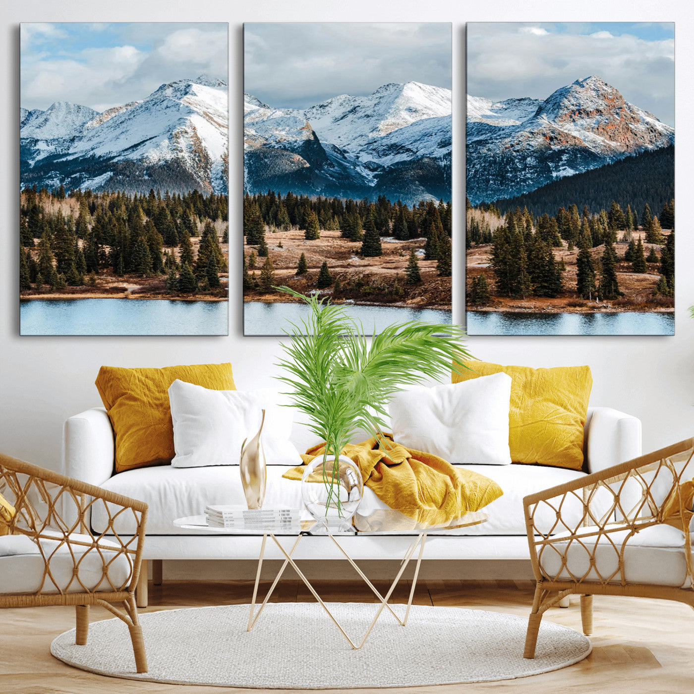 36247746-MGV-CV-36X24-Snowy Peaks Wall Art Canvas Print, Framed Alpine Lake Art Picture Print, Pine Forest Perfect Alpine Wilderness Decor Artwork