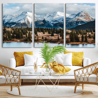 36247746-MGV-CV-36X24-Snowy Peaks Wall Art Canvas Print, Framed Alpine Lake Art Picture Print, Pine Forest Perfect Alpine Wilderness Decor Artwork