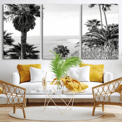 89458520-MGV-CV-36X24-Palm Trees Wall Art Canvas Print, Framed Coastal View Art Picture Print, Ocean Horizon Perfect Monochrome Coast Decor Artwork