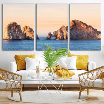 72996116-MGV-CV-36X24-El Arco Wall Art Canvas Print, Framed Cabo Rocks Art Picture Print, Ocean Arch Perfect Golden Coastal Landmark Decor Artwork