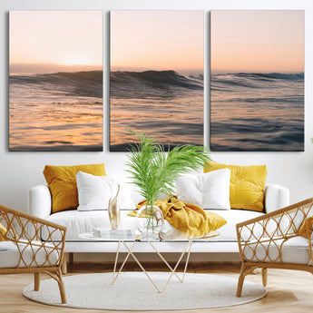 46299358-MGV-CV-36X24-Sunset Waves Wall Art Canvas Print, Framed Ocean Horizon Art Picture Print, Golden Water Perfect Golden Hour Coastal Decor Artwork