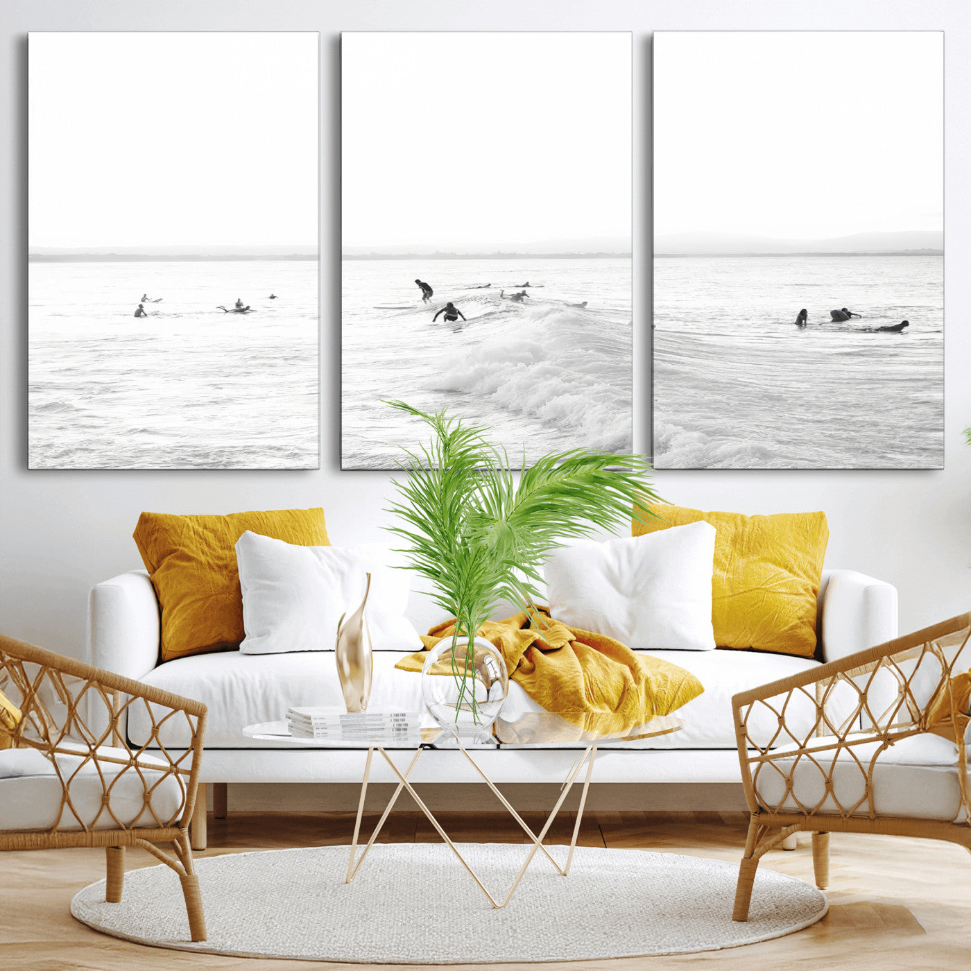 33449548-MGV-CV-36X24-Group Surfers Wall Art Canvas Print, Framed Ocean Wave Art Picture Print, Surf Crowd Perfect Monochrome Surf Decor Artwork