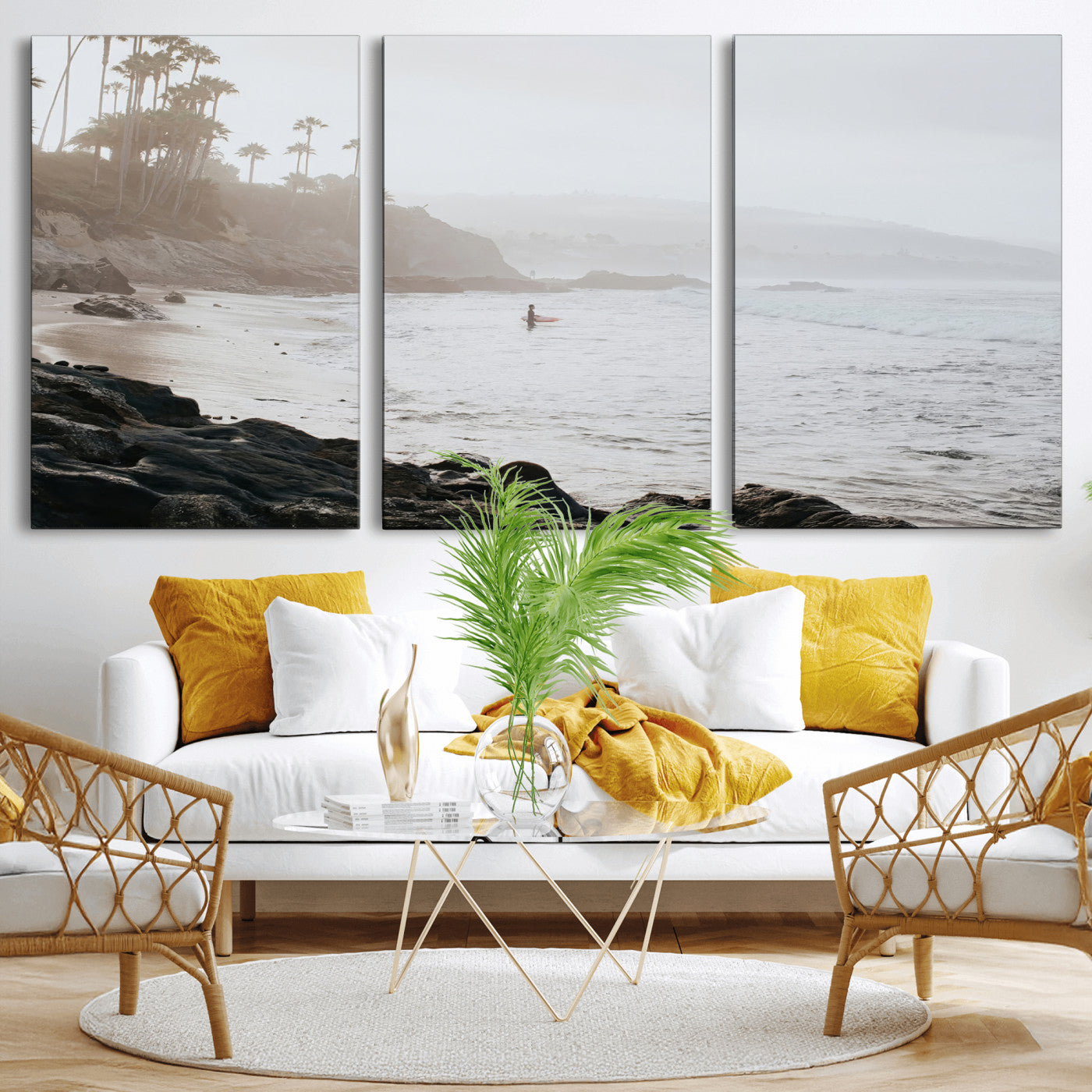 62501405-MGV-CV-36X24-Misty Beach Wall Art Canvas Print, Framed California Surfer Art Picture Print, Coastal Cliff Perfect Coastal Beach Decor Artwork