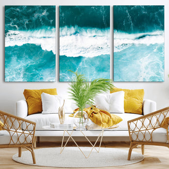 23828594-MGV-CV-36X24-Aerial Waves Wall Art Canvas Print, Framed Ocean Break Art Picture Print, Sea Foam Perfect Tropical Coastal Decor Artwork