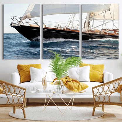 97168626-MGV-CV-36X24-Sailing Yacht Wall Art Canvas Print, Framed Wooden Yacht Art Picture Print, Ocean Waves Perfect Nautical Coastal Decor Artwork