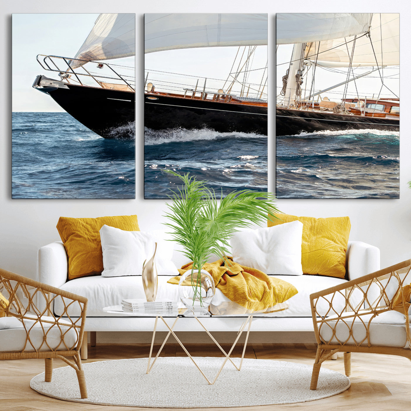 97168626-MGV-CV-36X24-Sailing Yacht Wall Art Canvas Print, Framed Wooden Yacht Art Picture Print, Ocean Waves Perfect Nautical Coastal Decor Artwork