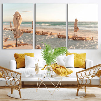 58507949-MGV-CV-36X24-Beach Umbrellas Wall Art Canvas Print, Framed Empty Loungers Art Picture Print, Soft Sand Perfect Minimalist Seaside Decor Artwork