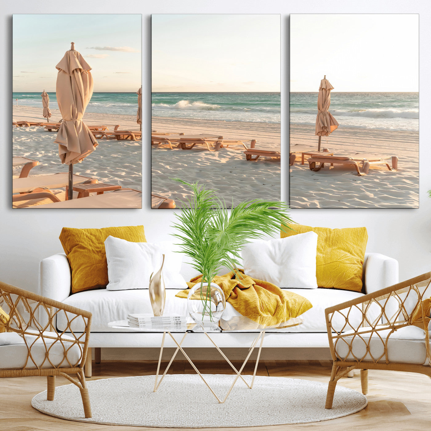 58507949-MGV-CV-36X24-Beach Umbrellas Wall Art Canvas Print, Framed Empty Loungers Art Picture Print, Soft Sand Perfect Minimalist Seaside Decor Artwork
