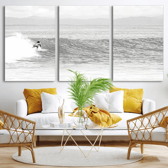 81535128-MGV-CV-36X24-Surfer Woman Wall Art Canvas Print, Framed Black Ocean Art Picture Print, Ocean Surfing Perfect Monochrome Coastal Decor Artwork