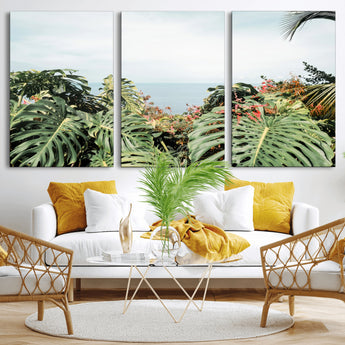 45700479-MGV-CV-36X24-Monstera Leaves Wall Art Canvas Print, Framed Tropical Ocean Art Picture Print, Tropical Foliage Perfect Tropical Coastal Jungle