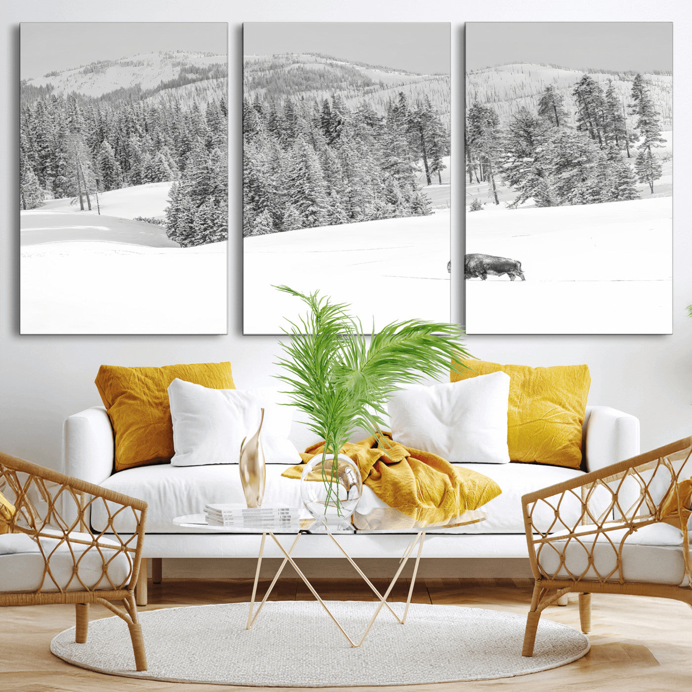 68081143-MGV-CV-36X24-Snowy Bison Wall Art Canvas Print, Framed Winter Forest Art Picture Print, Lone Bison Perfect Monochrome Winter Wild Decor Artwork